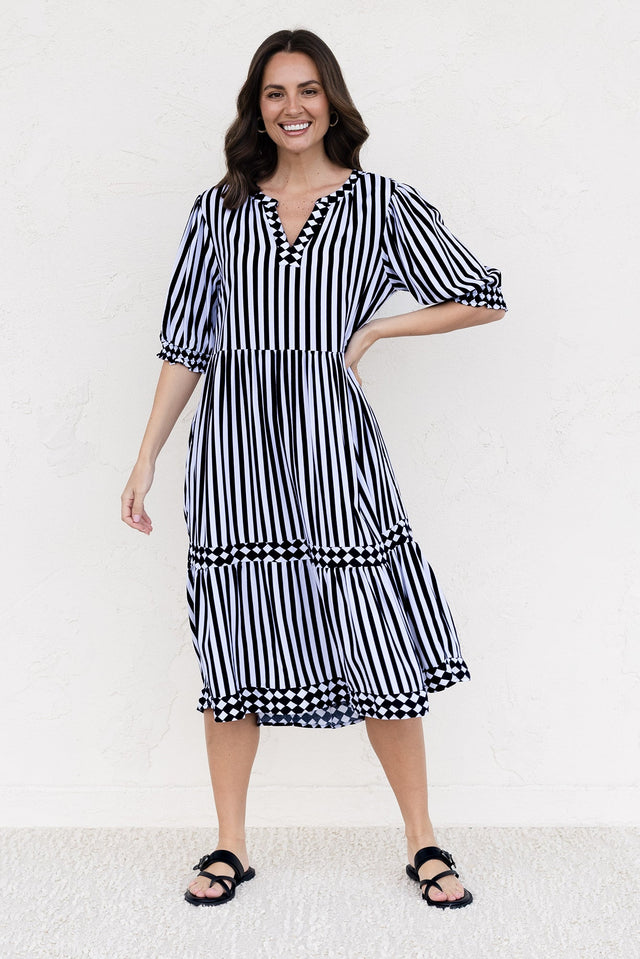 Harlequin Black Stripe Pocket Dress,brunette model,Front of Outfit,Lifestyle