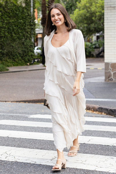 Dominica Champagne Silk Ruffle Dress