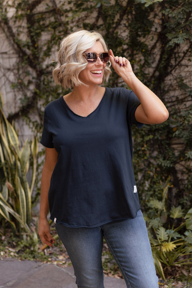 Maggie Navy Cotton Vee Tee