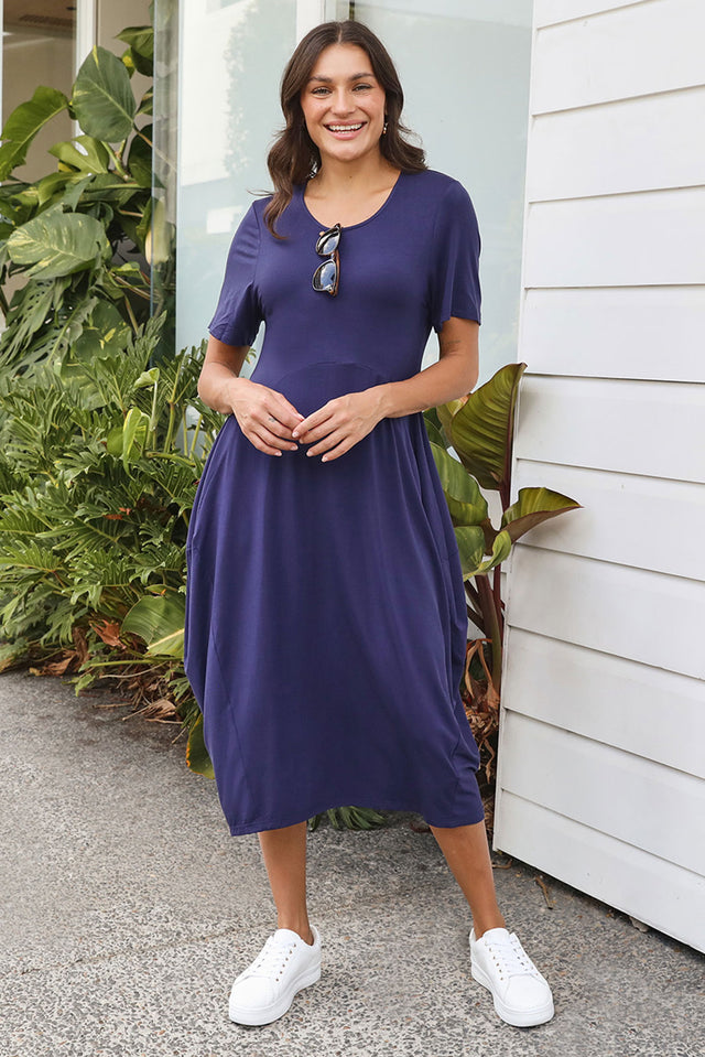 Glenda Navy Short Sleeve Crescent Dress,Lifestyle