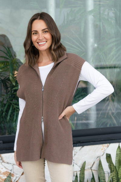 Viona Mocha Cotton Zip Knit Vest