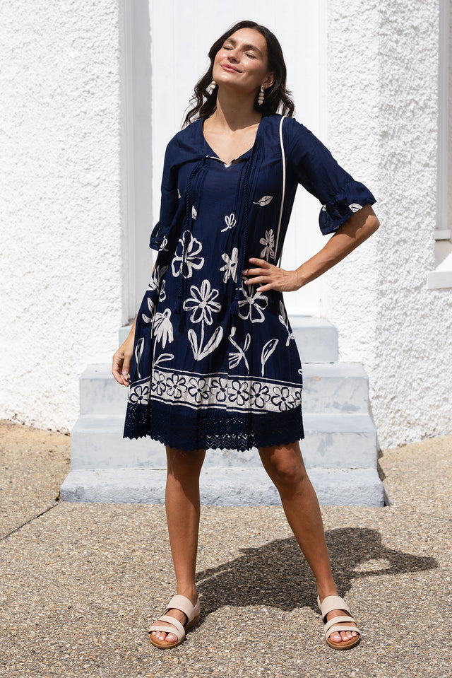 Cayman Navy Flower Cotton Tunic Dress