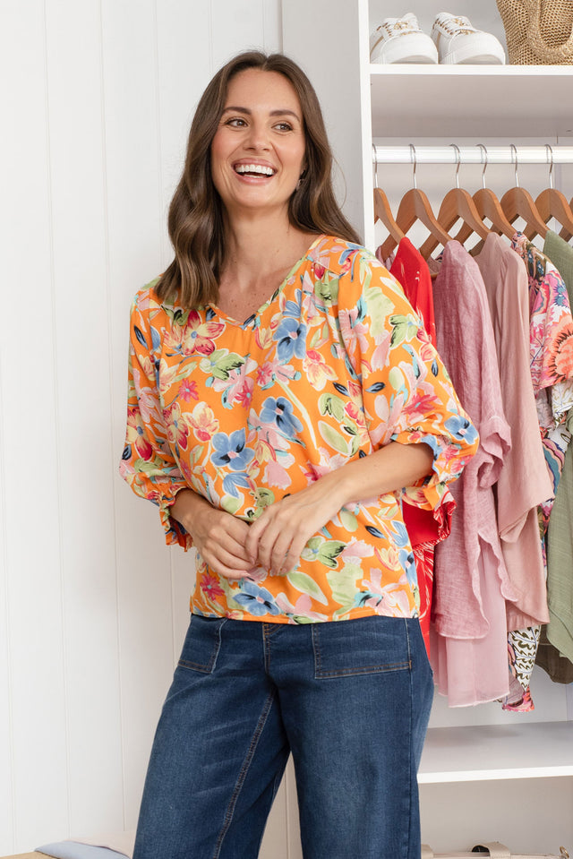 Lourdes Orange Floral Frill Sleeve Top