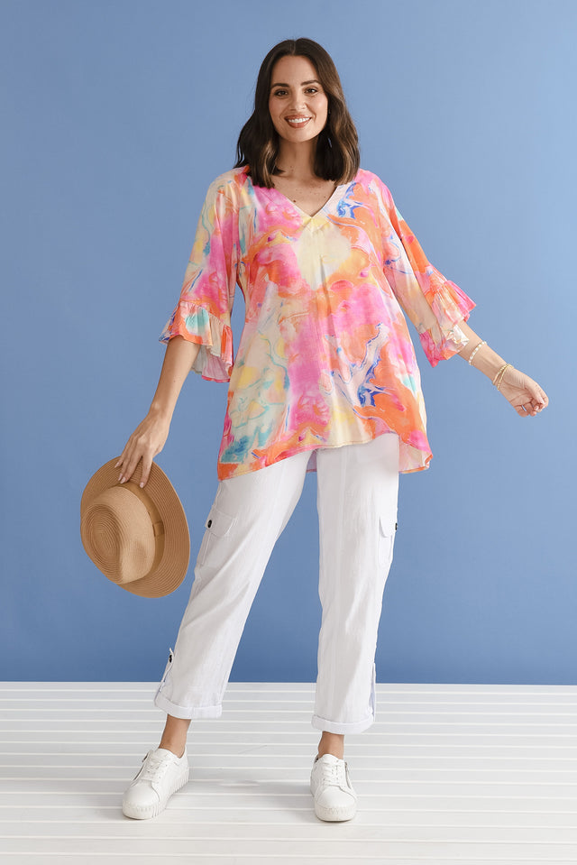 Diona Pink Watercolour Frill Sleeve Top,the-art-of-cruise-packing