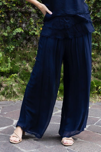 Laurier Navy Silk Wide Leg Pants