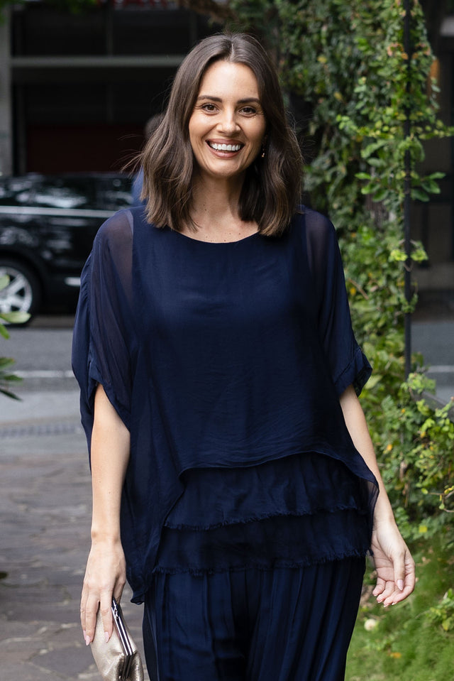 Talia Navy Silk Layer Top