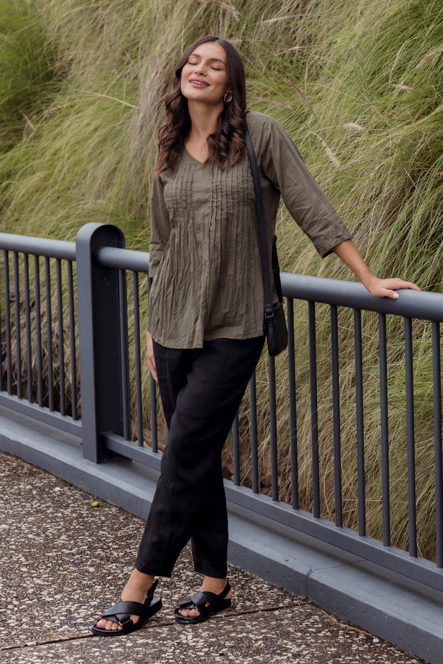 Fia Khaki Sleeved Crinkle Cotton Top image 7