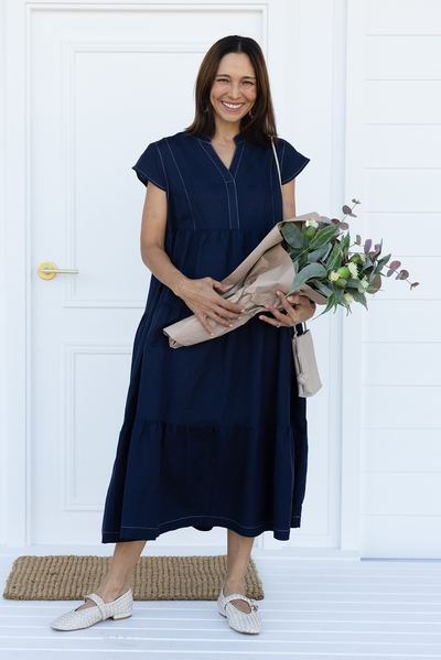 Yvette Navy Contrast Linen Blend Dress