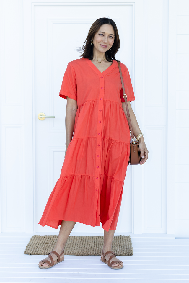 Winona Red Cotton Button Dress,Lifestyle image 1