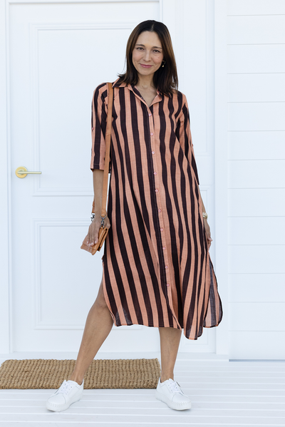 Tricia Chocolate Stripe Cotton Shirt Dress