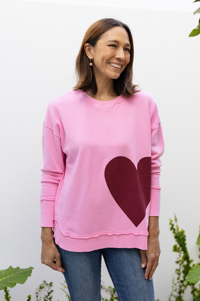 One Heart Pink Cotton Crewneck Sweatshirt,brunette model,Front of Outfit, Lifestyle