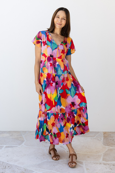Nona Pink Bloom Crinkle Cotton Maxi Dress