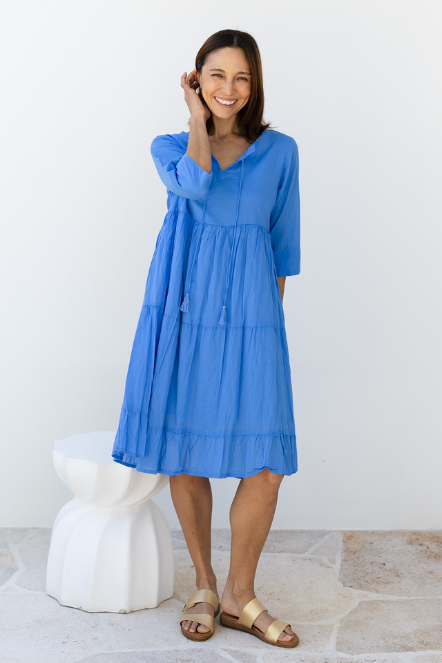 Milana Cobalt Crinkle Cotton Dress,Brunette model,Lifestyle