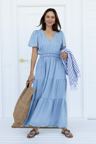 Luca Light Blue Tencel Tier Dress