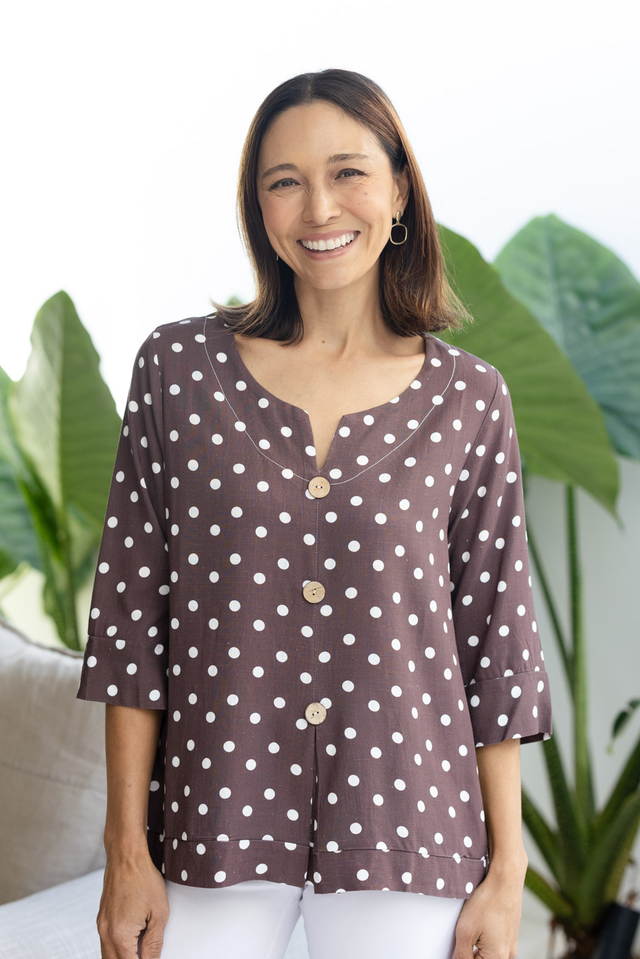 Augusta Chocolate Spot Linen Cotton Top,brunette model,Front of Outfit,Lifestyle