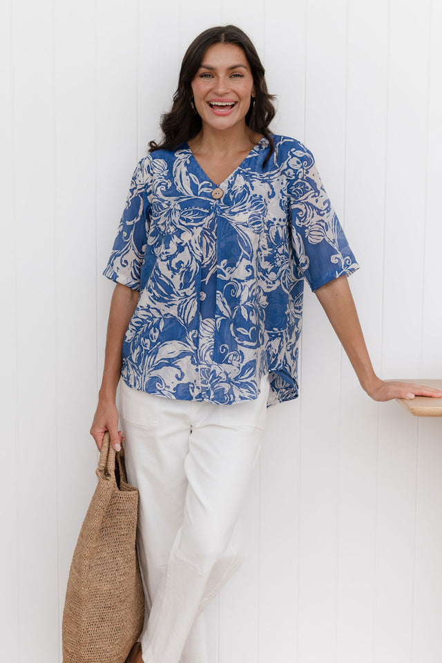 Yasmin Blue Abstract Layered Button Top