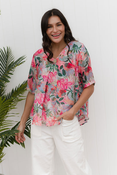 Yasmin Pink Floral Layered Button Top