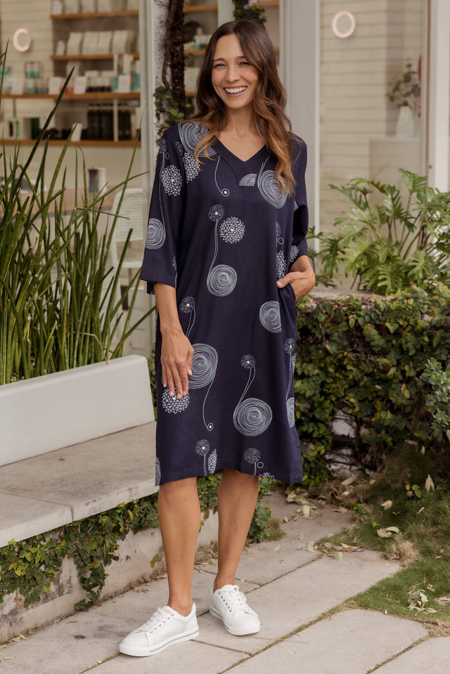 Celine Navy Swirl Linen Cotton Dress