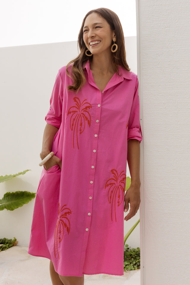 Bridie Pink Palm Cotton Shirt Dress