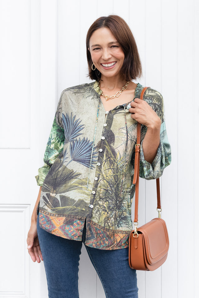 Laria Green Tropical Button Top