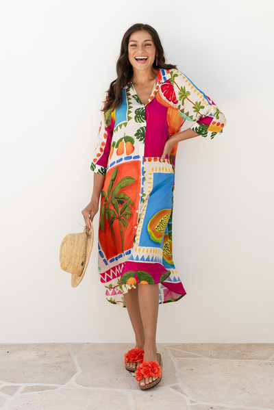 Zinnia Blue Tropical Shirt Dress
