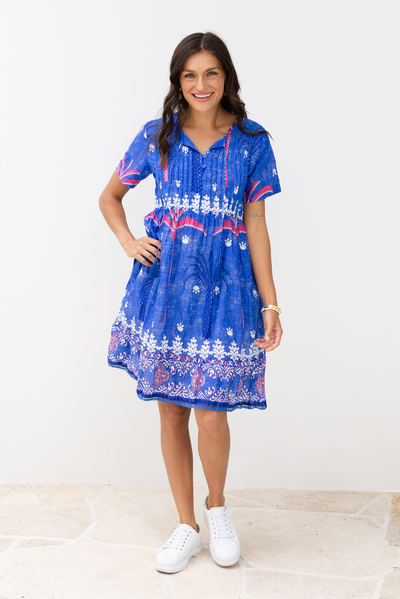 Marisol Cobalt Tropical Crinkle Cotton Dress
