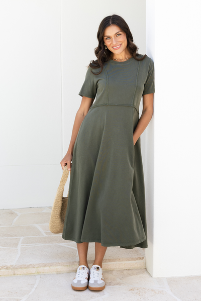 Eva Khaki Cotton Midi Dress