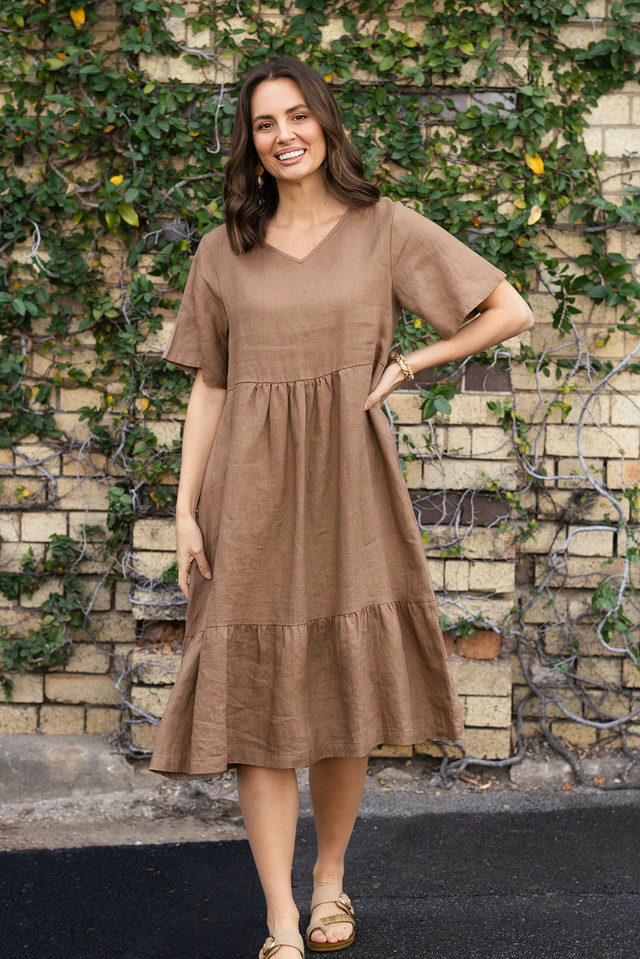 Miller Mocha Linen Tiered Dress,Lifestyle