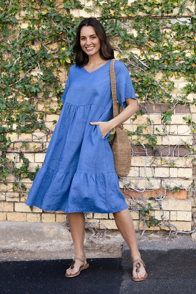 Miller Blue Linen Tiered Dress,Lifestyle