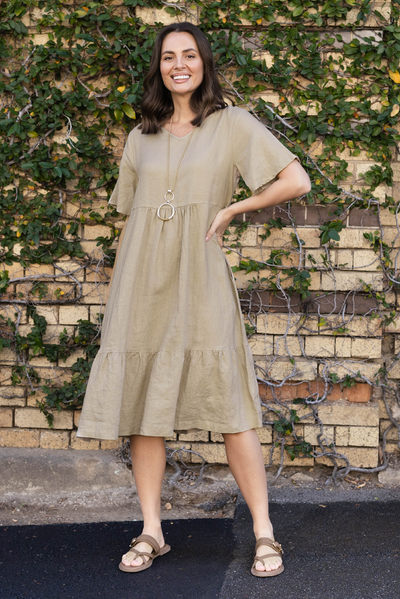 Miller Beige Linen Tiered Dress