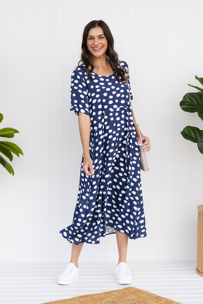 Zaelia Navy Spot Crescent Dress