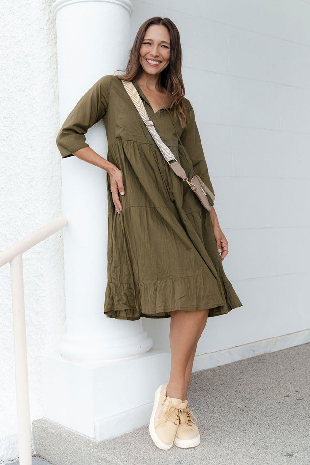 Milana Khaki Crinkle Cotton Dress,Lifestyle