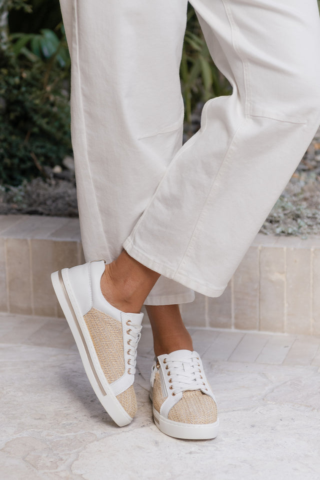 Koko White Raffia Leather Zip Sneaker