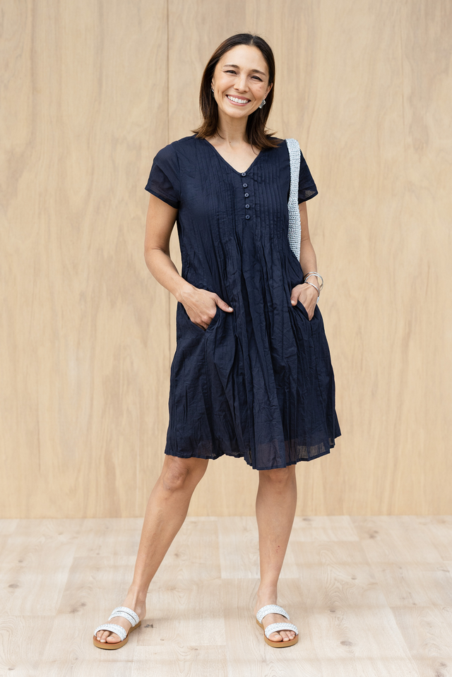 Sabina Navy Crinkle Cotton Dress,Lifestyle