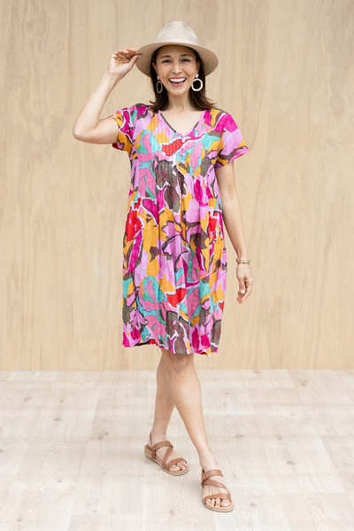 Sabina Fuchsia Garden Crinkle Cotton Dress