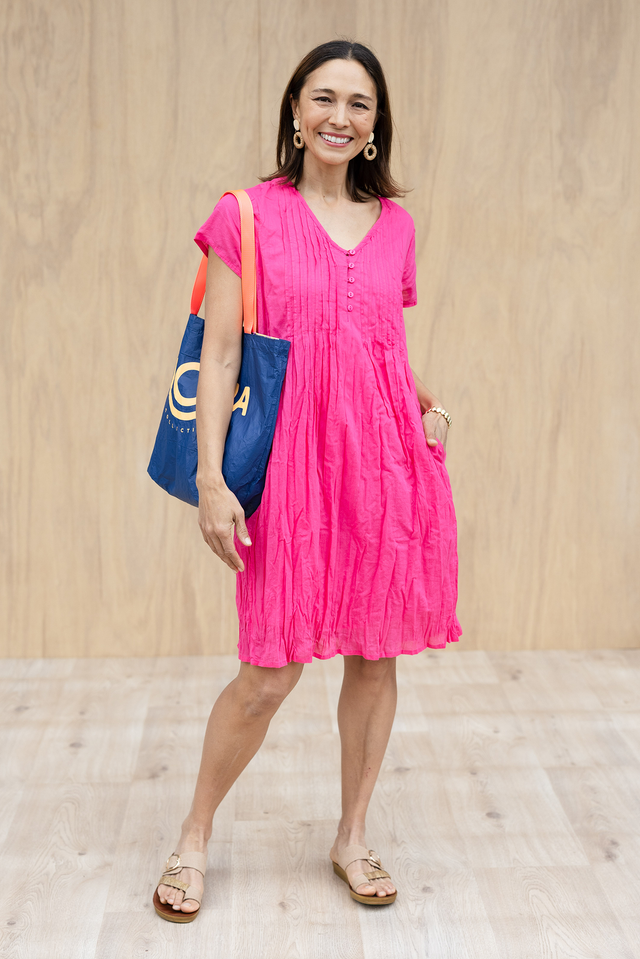 Sabina Fuchsia Crinkle Cotton Dress,Brunette model,Lifestyle