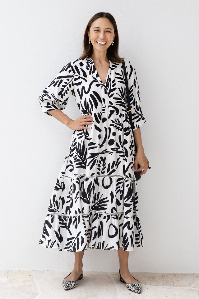 Lillian Black Leaf Tier Dress,brunette model,Lifestyle