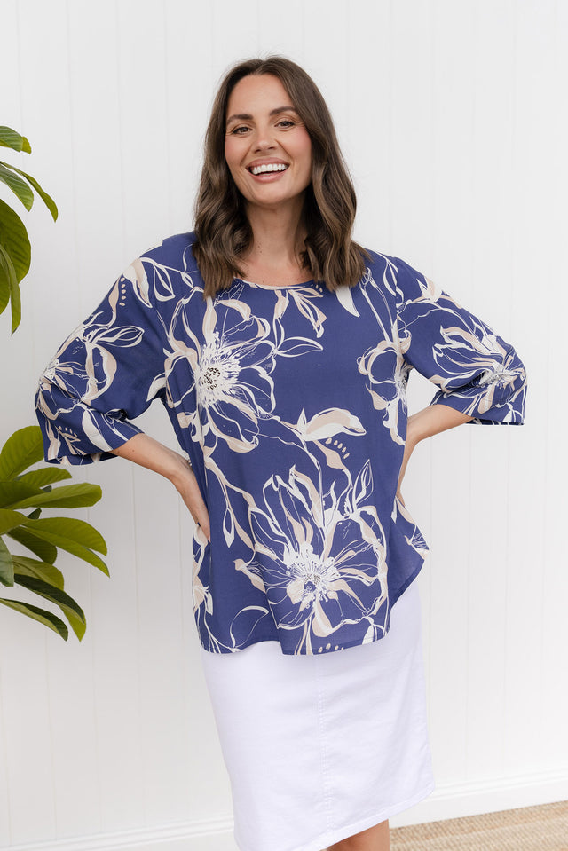 Hepburn Blue Flower Linen Blend Top
