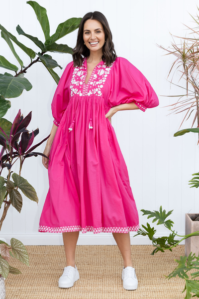 Lazlo Hot Pink Cotton Embroidered Dress