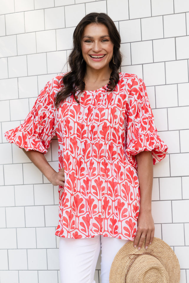 Selma Red Abstract Crinkle Cotton Top