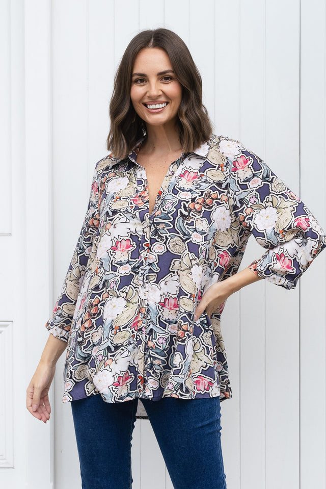 Shanae Navy Garden Collared Shirt