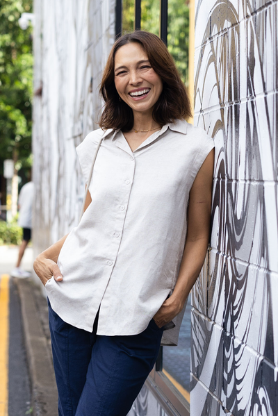 Corbin Natural Linen Blend Button Top