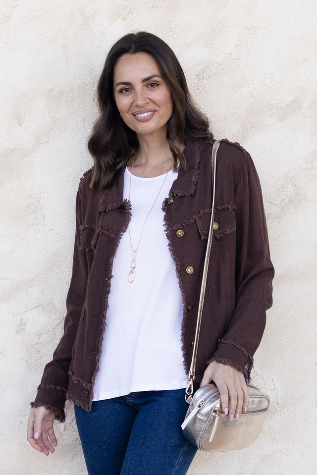 Oakley Chocolate Linen Frayed Jacket,Lifestyle,Brunette model