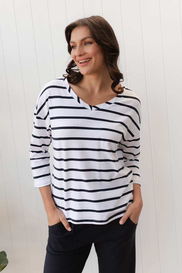 Clarke Navy Stripe Cotton 3/4 Sleeved Top