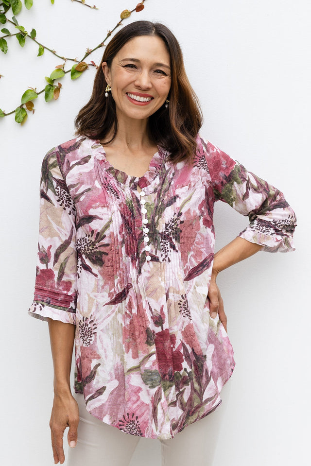 Angelo Taupe Floral Cotton Button Top,Lifestyle