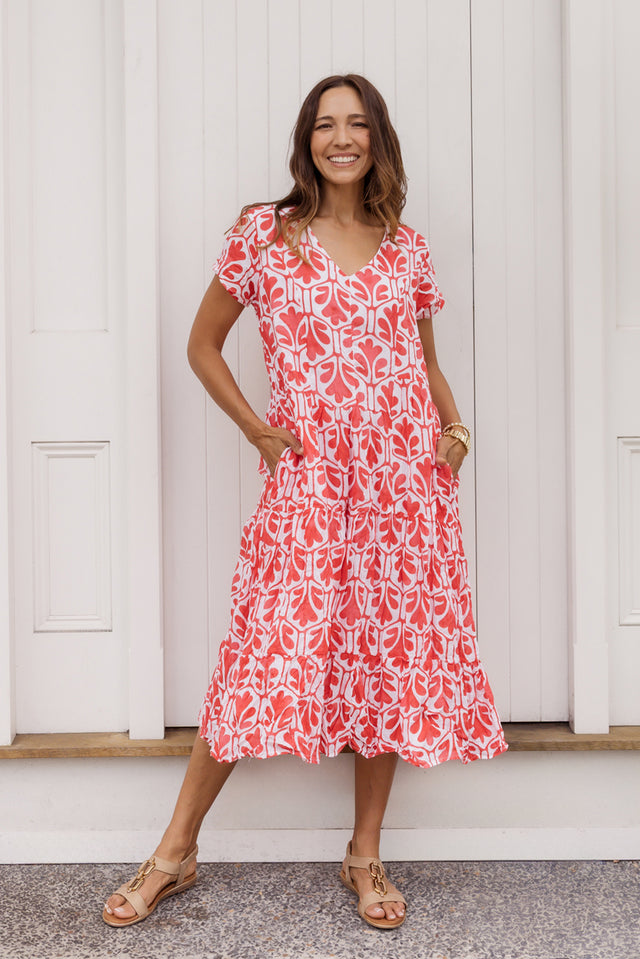 Carmen Red Abstract Crinkle Cotton Dress