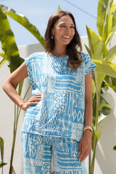 Alta Blue Mosaic Linen Cotton Top