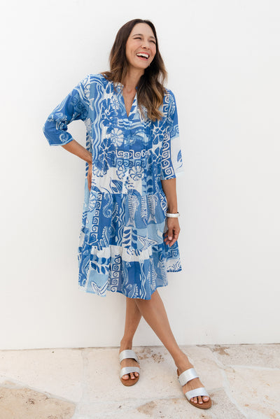 Larissa Blue Ocean Cotton Pleated Dress