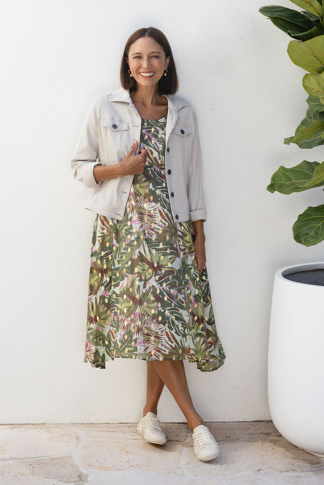 Darling Khaki Tropical Foil Crescent Dress