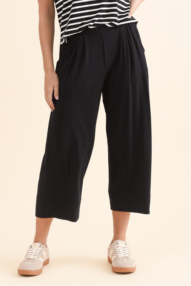 Rhodes Black Bamboo Wide Leg Pants,Front,Brunette model,alt text|model:MJ image 1